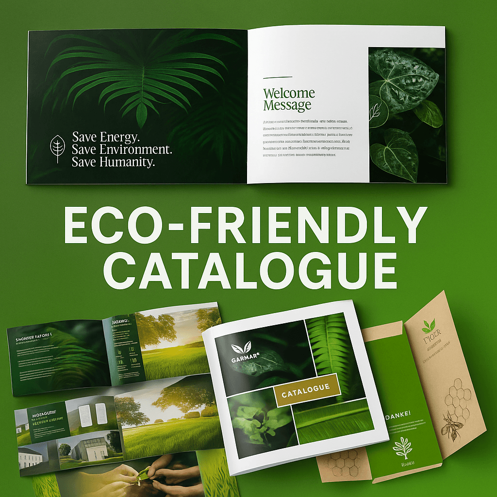 A collage showcasing eco-friendly catalogue designs featuring sustainable materials, green color palettes, and nature-inspired visuals.