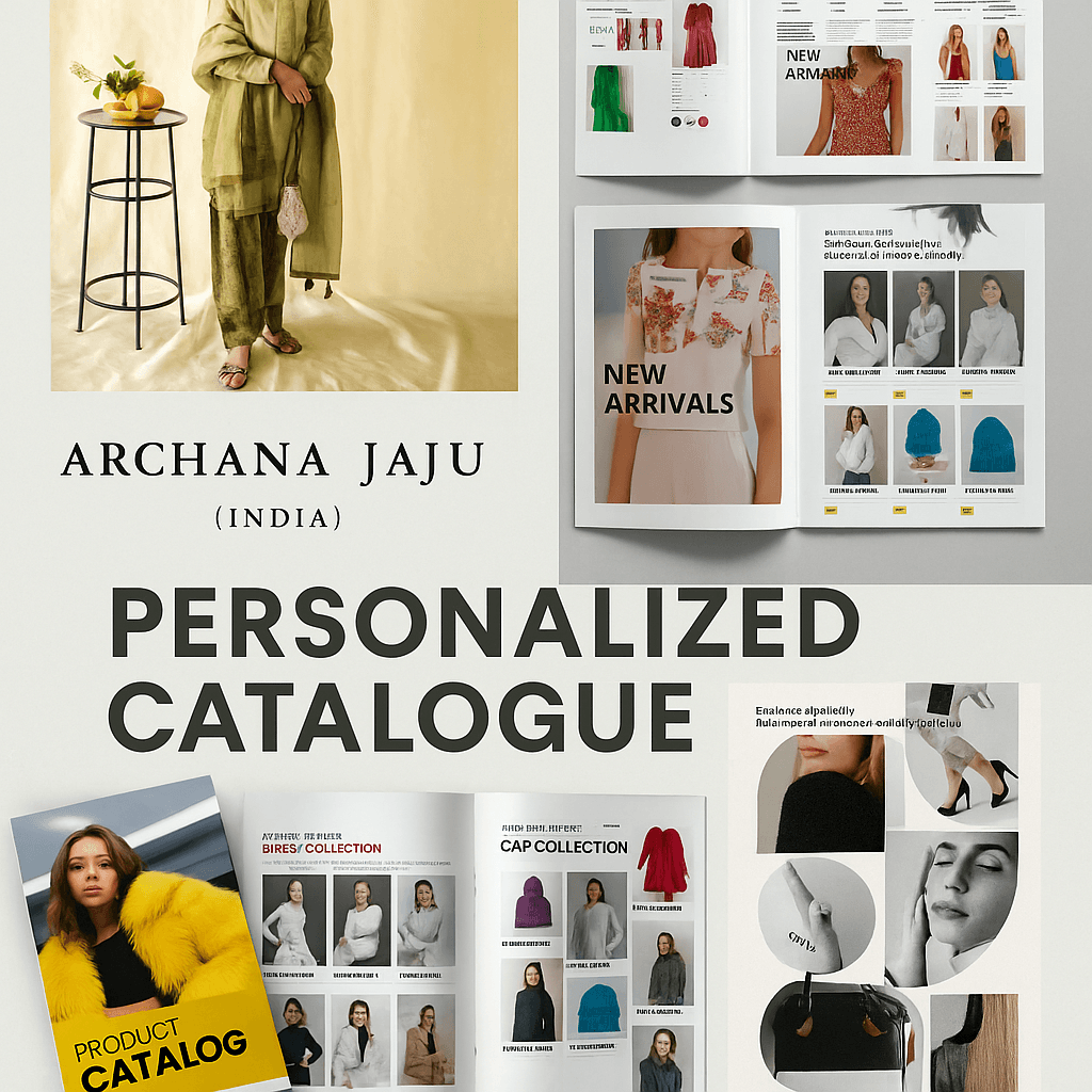 A collage showcasing various fashion catalog designs, including traditional Indian wear, modern western outfits, minimalist styles, and product catalog layouts, with the text “Personalized Catalogue” prominently featured.