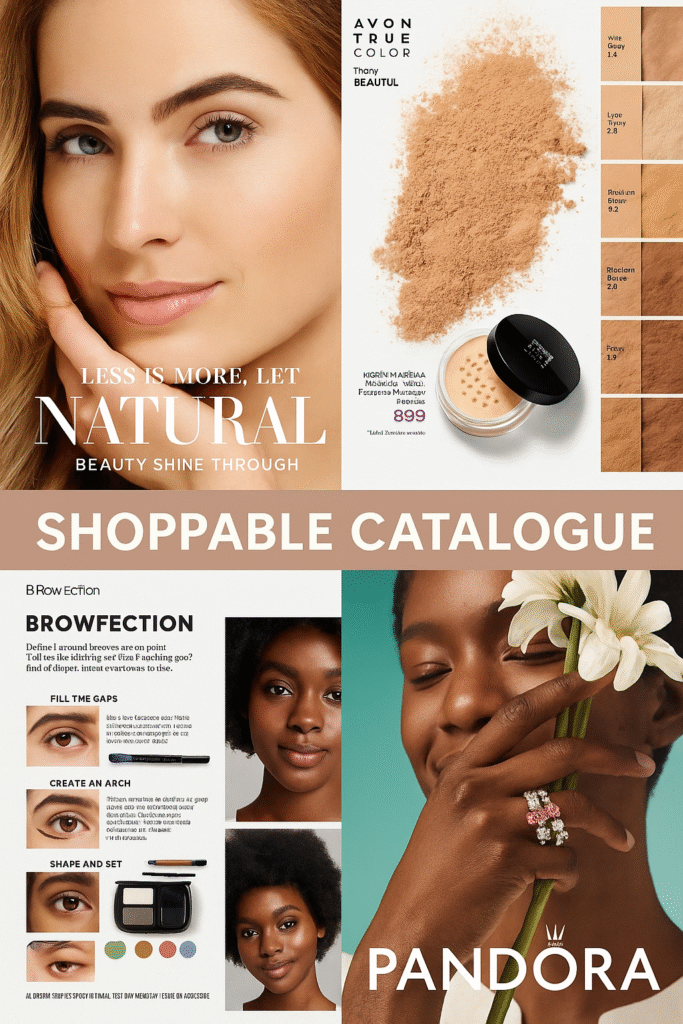A stylish collage of beauty and lifestyle product advertisements showcasing makeup, skincare, jewelry, and fragrance, labeled with the words “Shoppable Catalogue.”