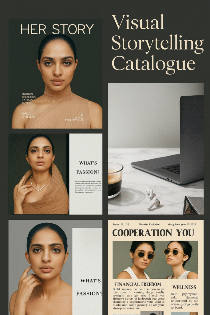 A collage showcasing editorial magazine spreads, fashion photography, and lifestyle design layouts, representing the concept of visual storytelling in modern design catalogues.