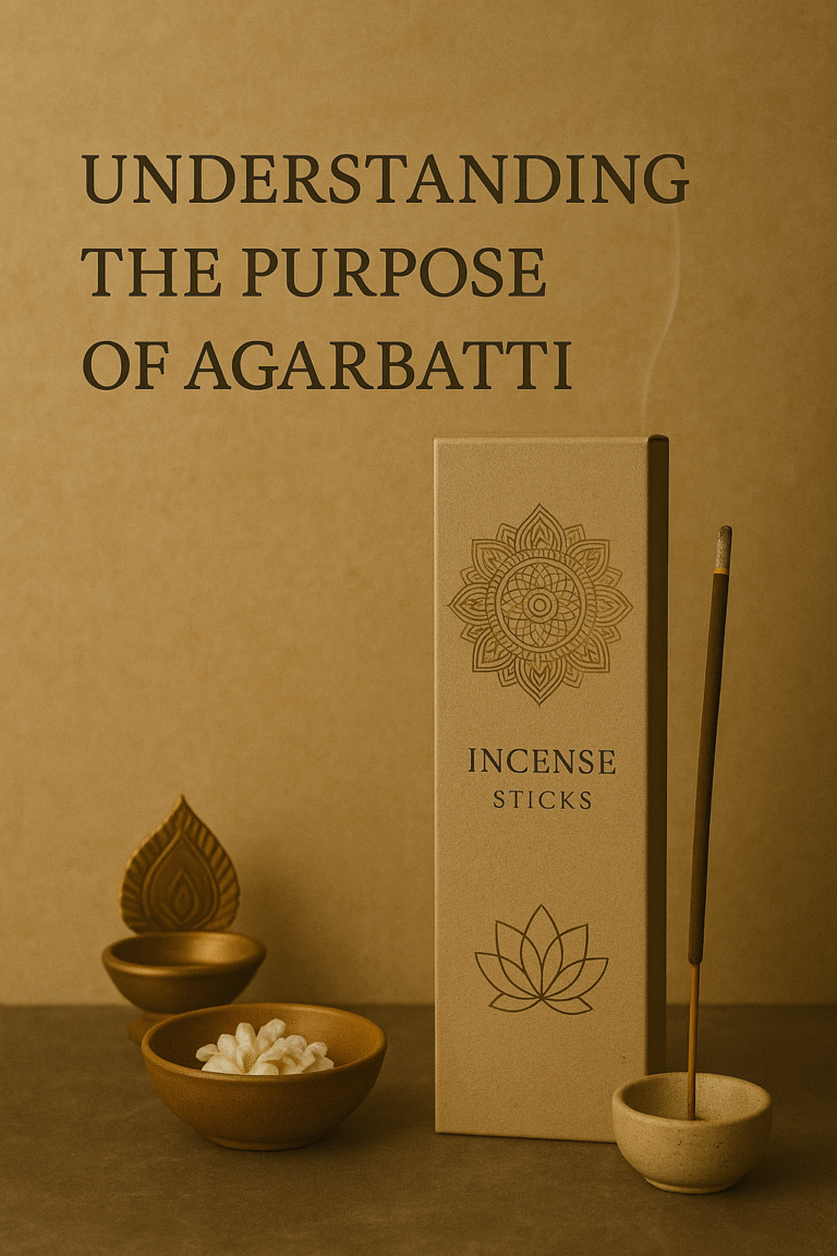 Agarbatti packaging designed with earthy tones, a lotus symbol, and matte textures. The setup includes incense sticks, soft lighting, and the overlaid title “Designing for the Senses.”