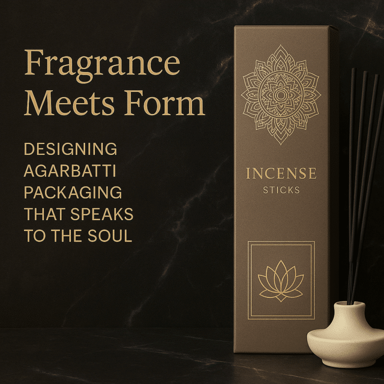 Agarbatti packaging design featuring a modern brown incense box with a gold mandala, paired with incense sticks and a ceramic holder on a dark marble surface.
