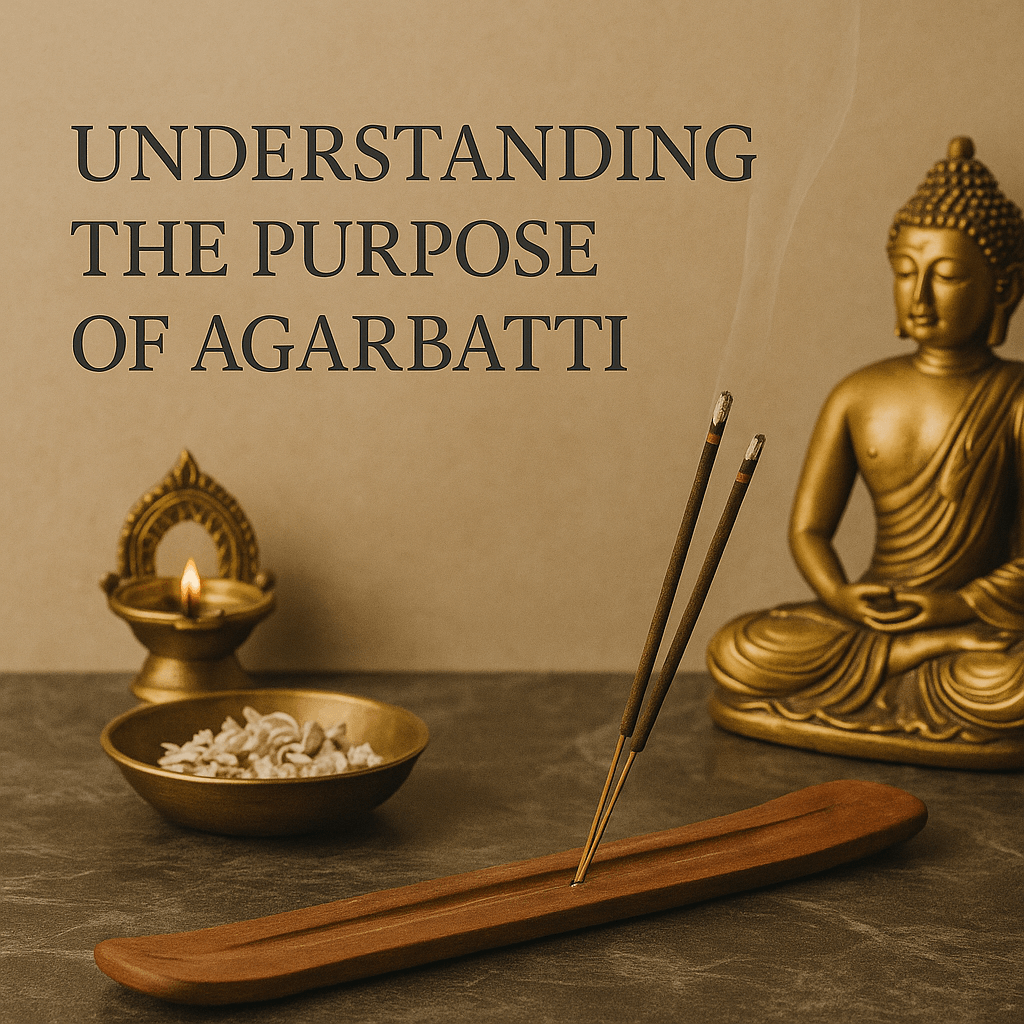 Traditional Indian incense setup with lit agarbatti in a ceramic holder, surrounded by cultural elements and soft lighting, with the text “Understanding the Purpose of Agarbatti” overlaid.