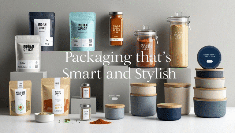 A modern display of smart and stylish Indian food packaging, featuring resealable pouches, spice jars with smart labels, modular containers, and stackable tins with wooden lids.