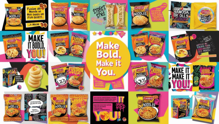 A colorful collage of Ching's Secret instant noodle packaging in various flavors and styles with bold, playful typography and slogans like “Make Bold, Make it You.”