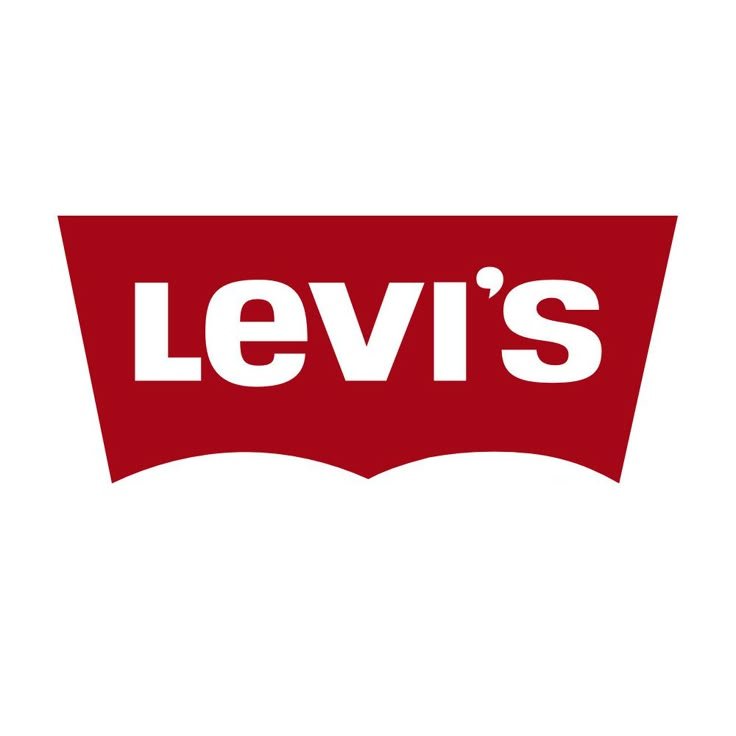 "Levi's logo in white text on a red batwing background design"