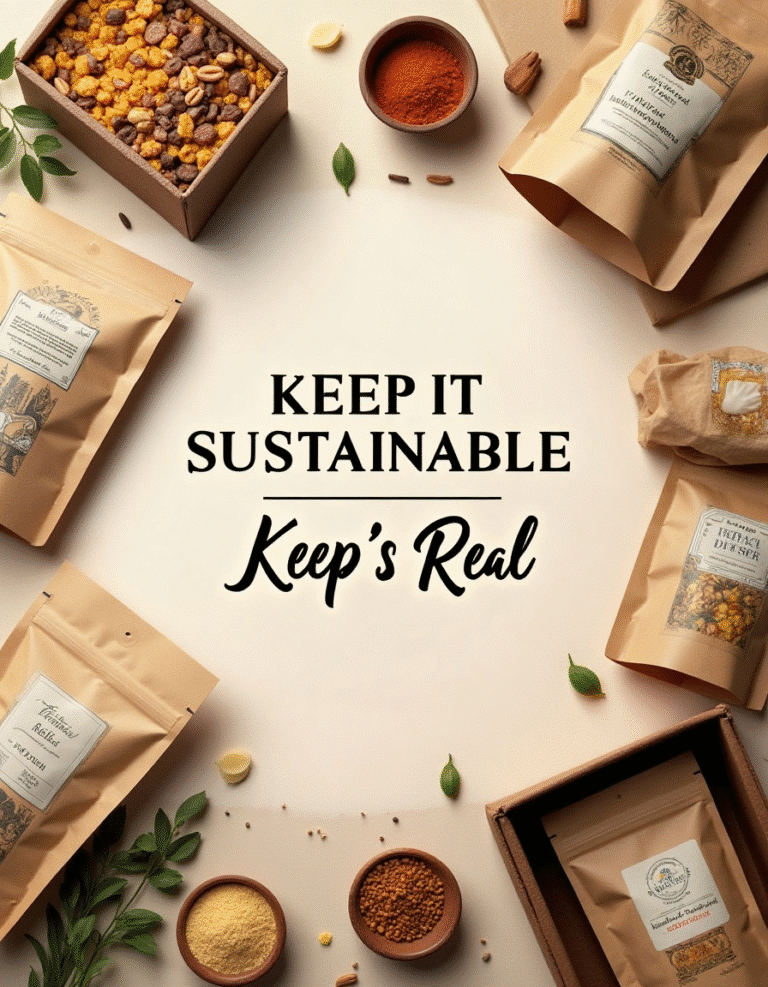Flatlay of sustainable Indian food packaging with kraft paper bags, spices, and eco-friendly materials arranged around the phrase "Keep It Sustainable, Keep's Real".