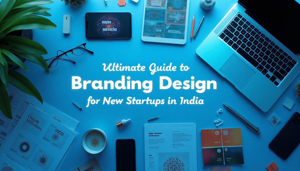 Flatlay image of branding essentials for Indian startups, including color swatches, logo sketches, and digital tools with the text "Ultimate Guide to Branding Design for New Startups in India" in bold.