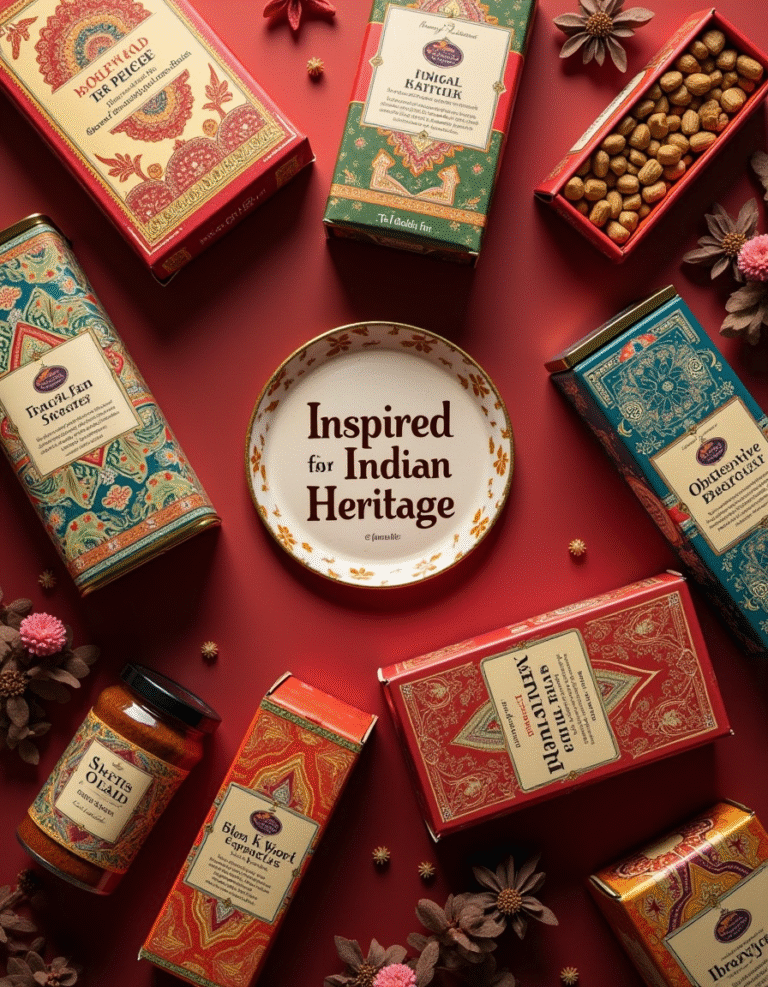 A vibrant flat lay of Indian food packaging inspired by traditional Indian heritage, featuring mandala art, temple-carving borders, block print textures, and the text “Inspired for Indian Heritage” on a decorative plate in the center.