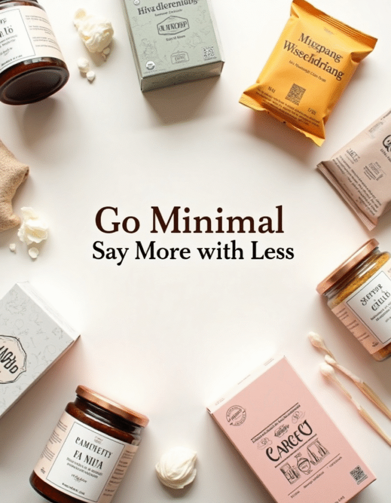 Flatlay of minimalist Indian food packaging design with matte jars, pastel boxes, and clean typography centered around the quote “Go Minimal, Say More with Less”.