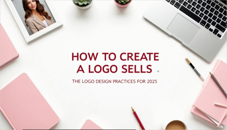 Alt Text: Text overlay on a desk with office supplies reads "HOW TO CREATE A LOGO SELLS. THE LOGO DESIGN PRACTICES FOR 2025".