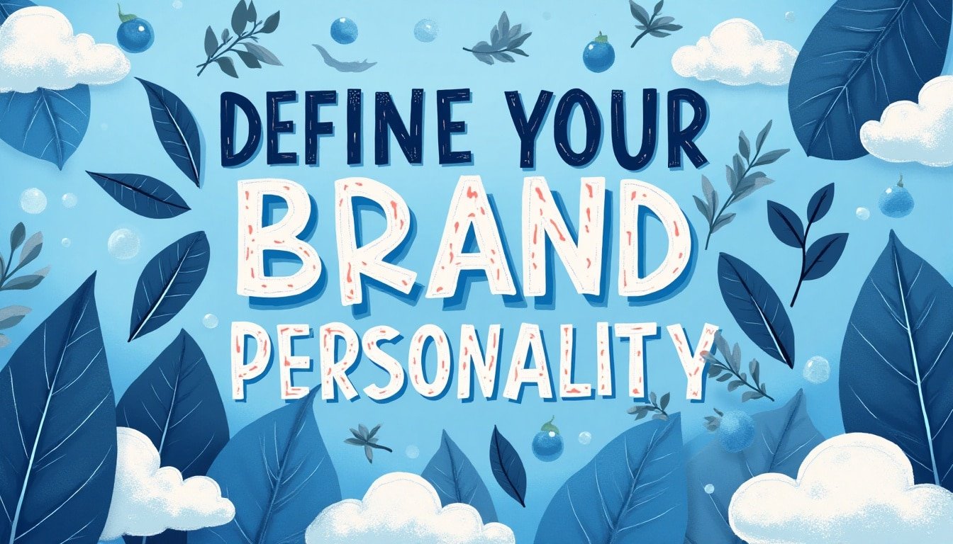 Illustrated graphic with the phrase “Define Your Brand Personality” surrounded by blue leaves, clouds, and berries on a light blue background.