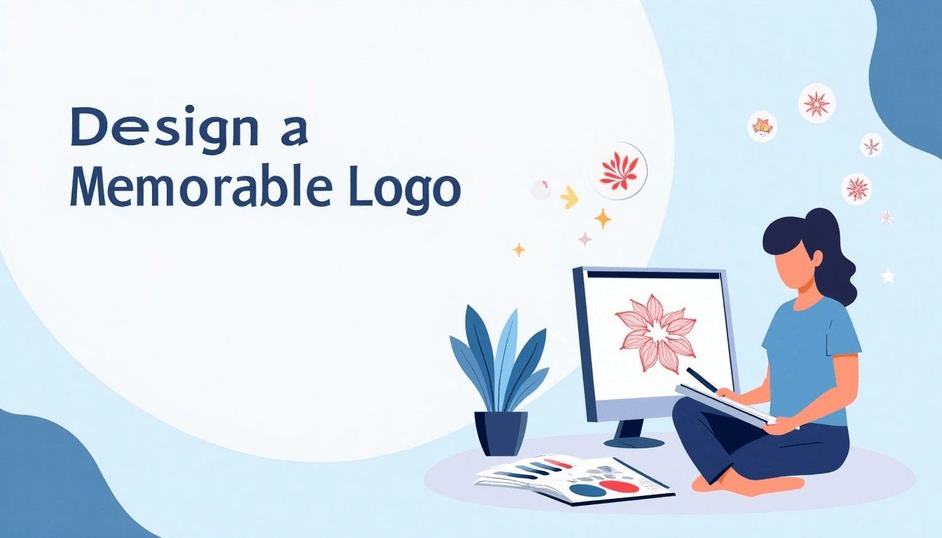 Illustration of a woman sketching logo ideas while sitting beside a computer displaying a flower-shaped logo, with the text “Design a Memorable Logo” on the left.
