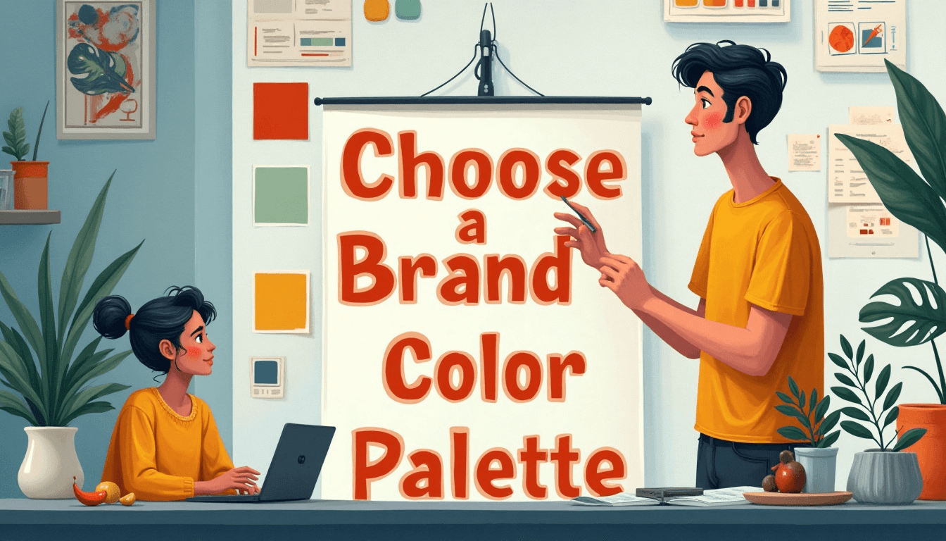 Illustration of two designers discussing brand colors in a studio, with a presentation board displaying the text “Choose a Brand Color Palette” surrounded by color swatches.