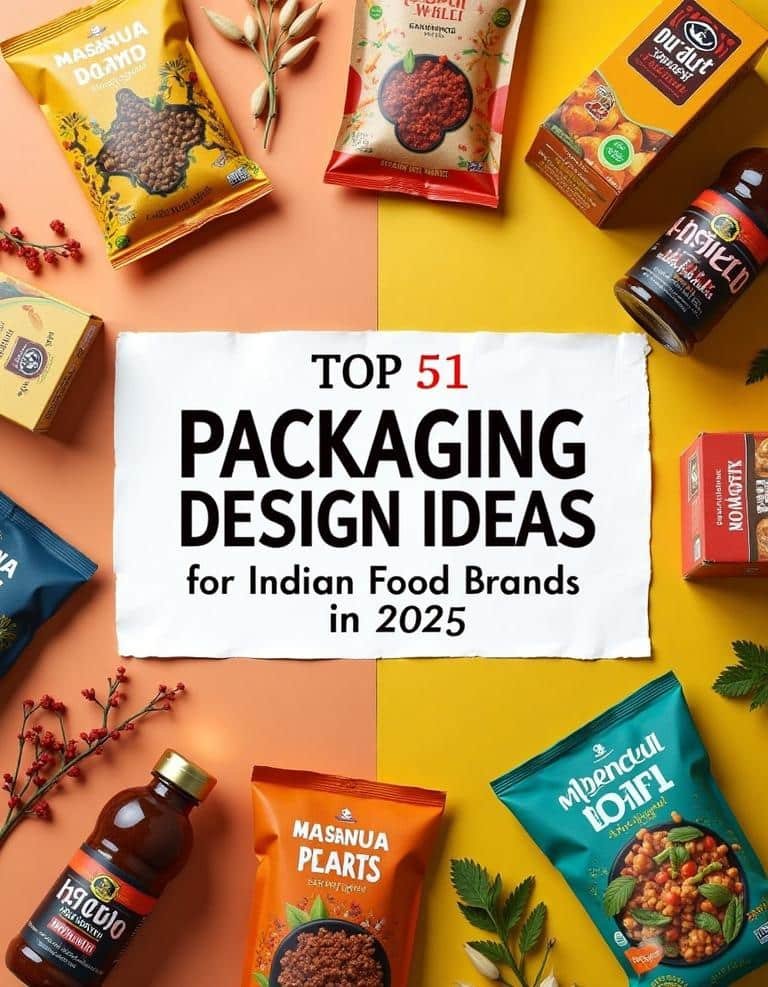 A vibrant collage of Indian Food Packaging Design featuring contemporary snack packs, condiment bottles, and spice jars with bold colors and stylish layouts, centered around the text "Top 51 Packaging Design Ideas for Indian Food Brands in 2025."